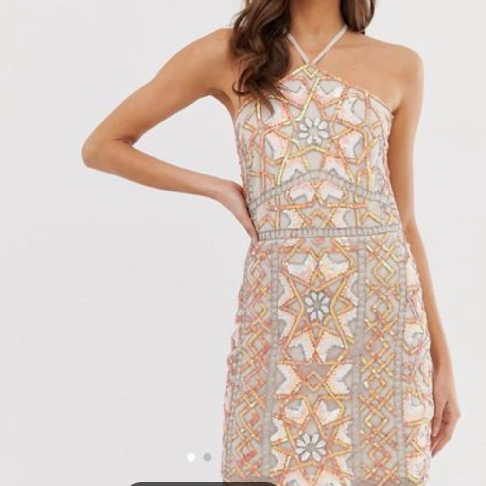 embellished mini dress in neon tile with halter neck, perfect for homecoming.